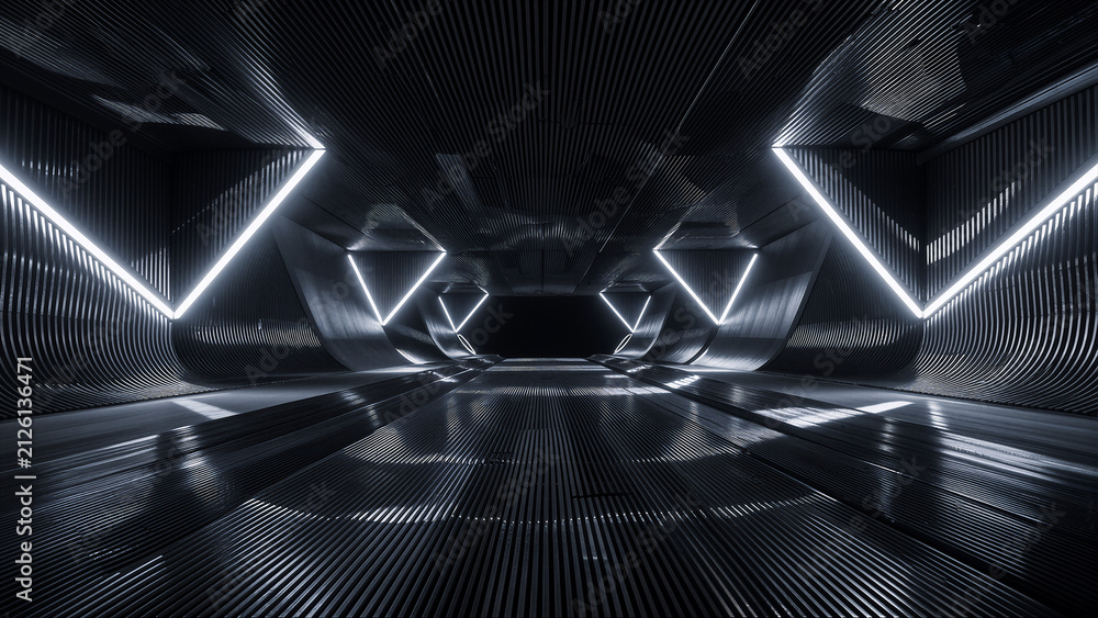 Naklejka premium Futuristic dark tunnel with glowing neon lights