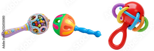 Obraz na plátně A trio of colorful baby rattles, each showcasing a unique design and vibrant hues, isolated on a transparent background