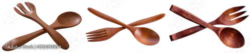 Obraz  z motywem Collection of three elegant wooden salad server sets, including fork and spoon, for eco-friendly dining.