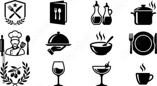 Set of black and white restaurant and cooking icon designs.