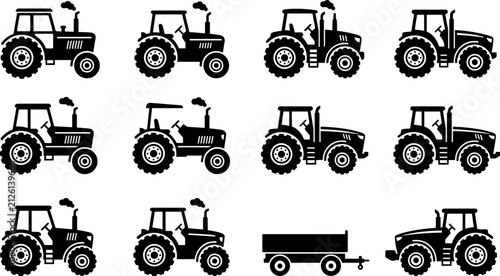 Konstfotografi Set of various black tractor silhouettes and agricultural machinery icons