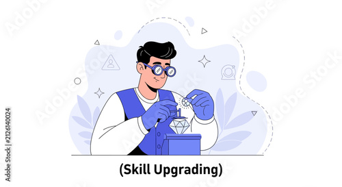 Person Polishing Diamond, Skill Upgrading Concept, Gemstone Cutting, Precision Craftsmanship, Flat Design
