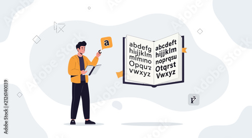 Person teaching alphabet from book, learning, education, language concept, vector illustration