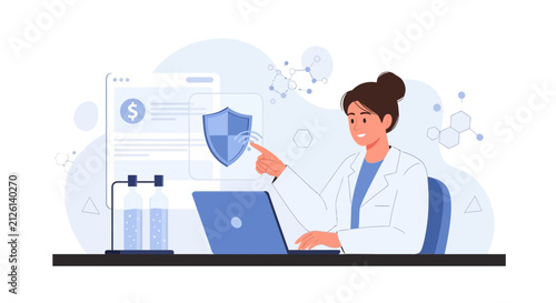 Scientist Secures Financial Data in Laboratory Research with Digital Shield and Laptop
