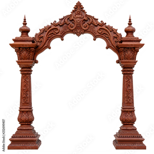 Exquisitely carved wooden archway isolated on transparent background, showcasing intricate traditional indian architecture and decorative design elements.