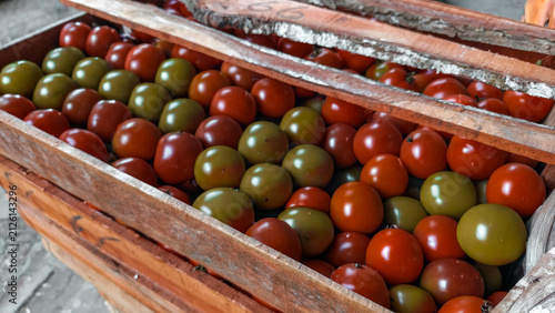 Принти на полотні A high-angle photograph shows fresh ripe red and green tomatoes arranged neatly within two sturdy wooden crates