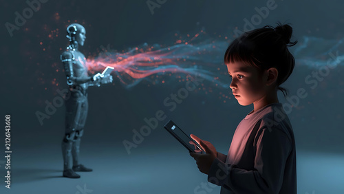 Child Interacting with Futuristic Robot via Tablet, AI Technology and Future Concept