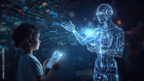 Child Interacting with Holographic Robot, Future Technology Concept, AI Education, Digital World