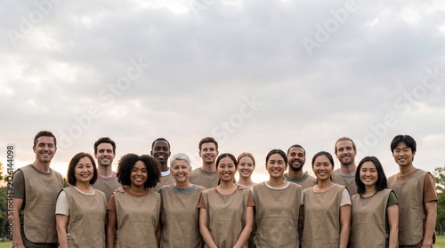 Diverse group of volunteers wearing simple uniform vests standing together outdoors,