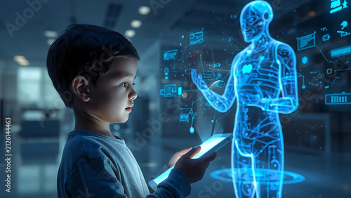 Curious child explores futuristic hologram of human anatomy, interacting with technology for education and science discovery.