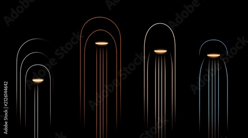 Modern geometric neon arches and suspended glowing minimal lanterns overlay background for contemporary Diwali festival designs.