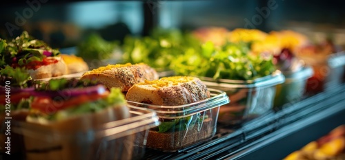 A close up view of various fresh prepackaged sandwiches and salads displayed on a refrigerated shelf in a modern grocery store aisle