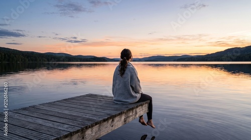  Back view of woman sitting on wooden dock looking over calm water during sunset