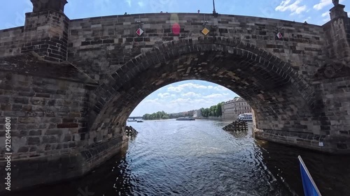Charles Bridge Prague View from Boat Sailing Under Arch FP POV