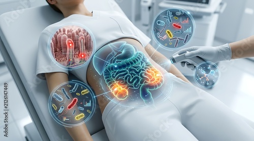 Medical examination of the human digestive system with microbiome analysis and gut health diagnostics using advanced scanning technology