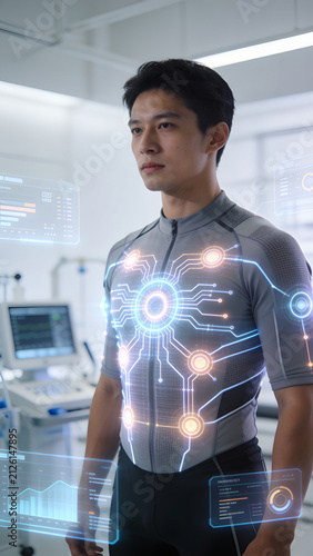 Asian man wearing smart biometric EMS suit with glowing sensor circuits in medical lab.