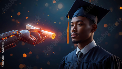 Futuristic Graduation: AI Robot Hand Offers Diploma to Graduating Student in Cap and Gown