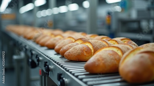 Tapety artystyczne Línea de producción automatizada de panadería con pan recién horneado desplazándose por cintas transportadoras