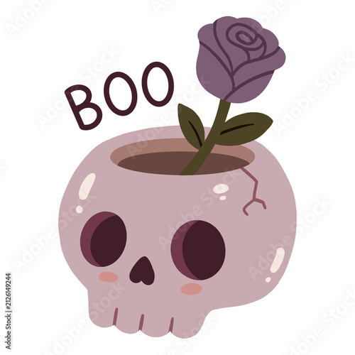 Fotografie Cute hand-drawn illustration of a skull pot planter with a blooming purple rose flower and BOO text, isolated on white background