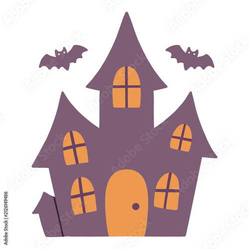 Quadro su tela Cute hand-drawn illustration of a purple spooky haunted house castle with glowing orange windows and flying bats, isolated on white background
