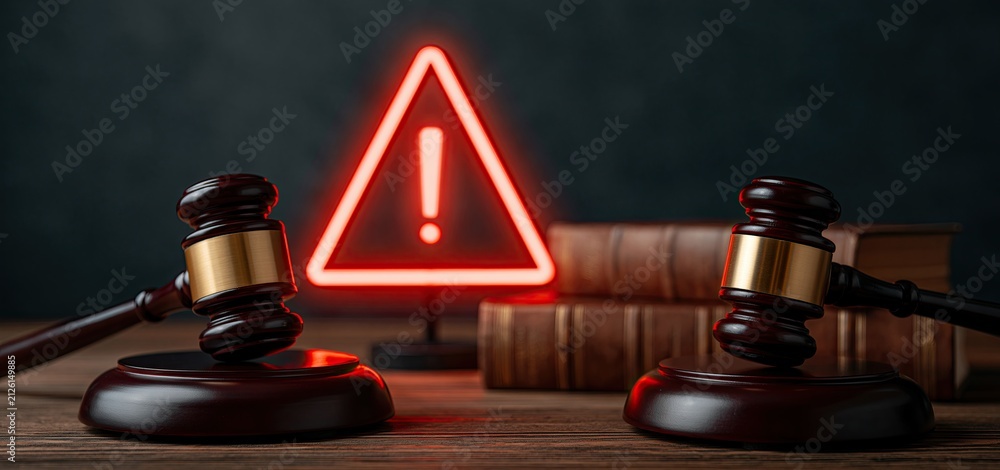 Obraz premium In a legal office setting, a glowing warning sign highlights regulatory updates alongside a gavel and law books.