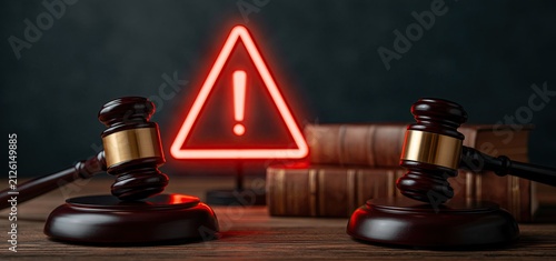 In a legal office setting, a glowing warning sign highlights regulatory updates alongside a gavel and law books.