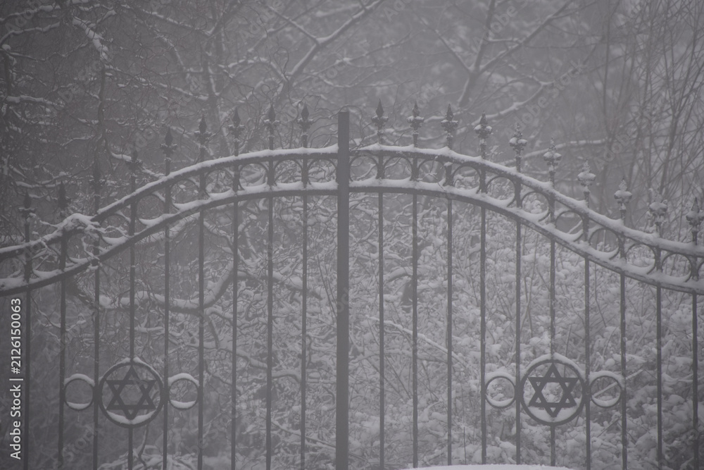 Fototapeta premium snowy gate to the jewish cemetery, cloudy snowy moody weather