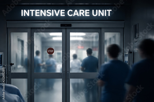 Blurred hospital staff gather outside intensive care unit doors during urgent nighttime treatment scene