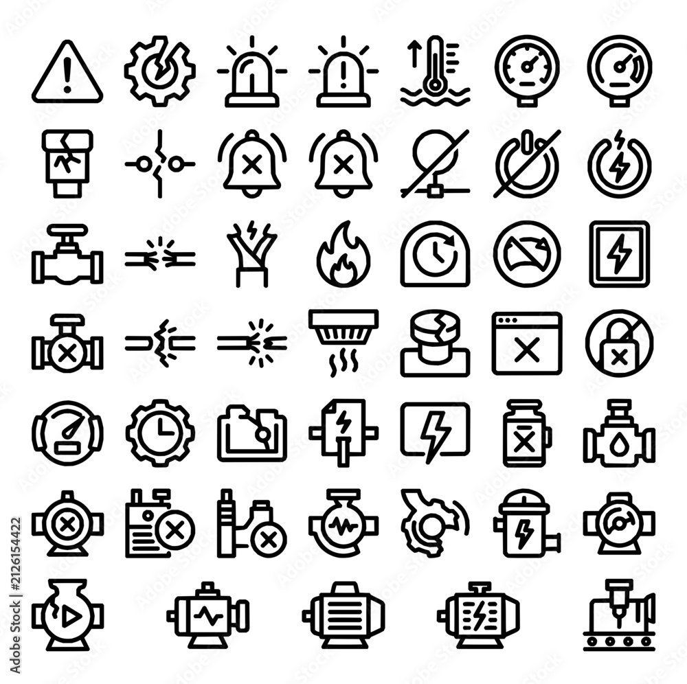 Fototapeta premium Industrial Warning and Machinery Failure Outline Vector Icon Set