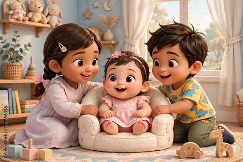 Adorable three siblings smiling together in a cozy pastel nursery, with the baby sitting in a soft chair surrounded by toys, teddy bears, and warm home decor.