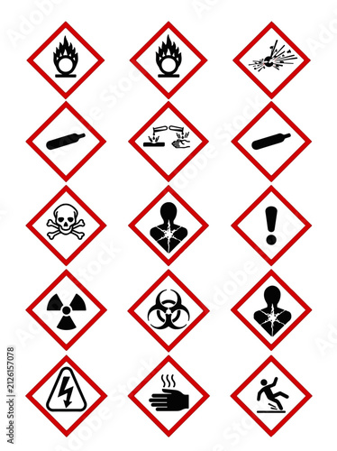 Fotografie Hazard Warning Symbols Set Featuring Flammable Corrosive and Toxic Substance Sig