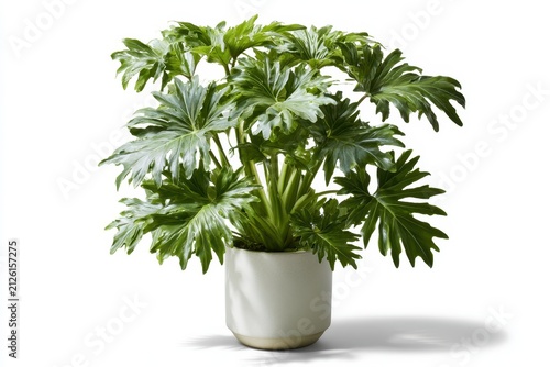 Decorative indoor plant: philodendron selloum in planter against white background, fresh and natural