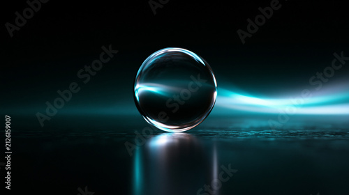 Glass Sphere Reflecting Futuristic Blue Light Wave on Dark Surface