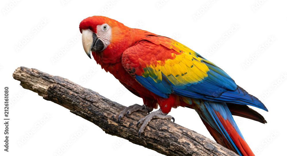 Obraz premium Vibrant scarlet macaw perched on a weathered tree branch against a clean white background