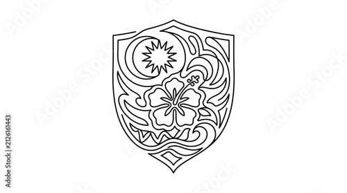Minimalist continuous line art of a hibiscus flower with crescent and star inside a shield crest