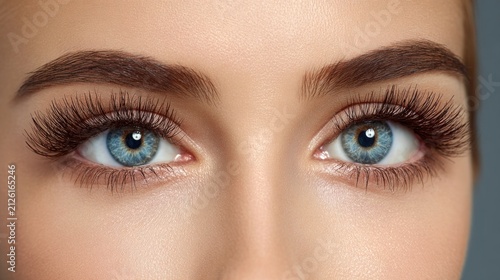 Close up of beautiful blue eyes with long eyelashes and well groomed eyebrows