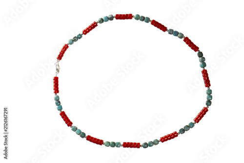 Women's red and blue beads on a white background.
