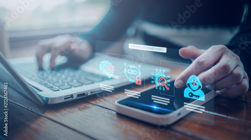 AI hacking governance security and cyber threat intelligence concept, professional analyzing machine learning vulnerability and hacker penetration process on virtual holographic smartphone screen