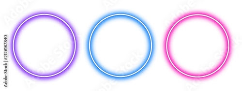 Three glowing neon oval frames in purple, blue, and pink colors isolated, PNG background, template