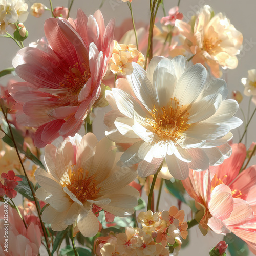 Floral arrangement daisy summer bloom flower bouquet with white pink peach petal golden center soft light natural botanical decor