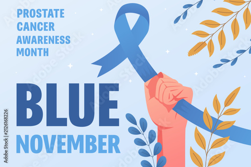 Blue November Prostate Cancer Awareness Banner with Hand Holding Ribbon