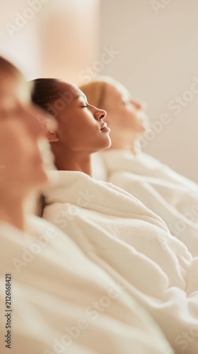 Minimalist spa scene with clients in plush robes enjoying tranquil relaxation. Soft lighting highlights ease, balance, and luxurious togetherness in a serene setting.