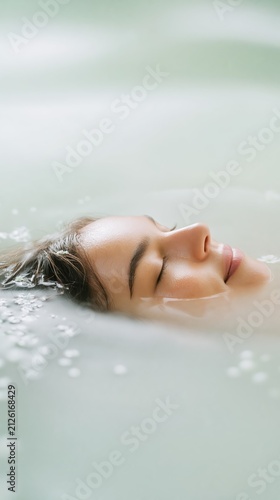 A serene spa scene shows a woman’s face partially immersed in tranquil water with delicate flowers afloat. Minimalist composition, soft light, and calm ambiance evoke premium wellness.