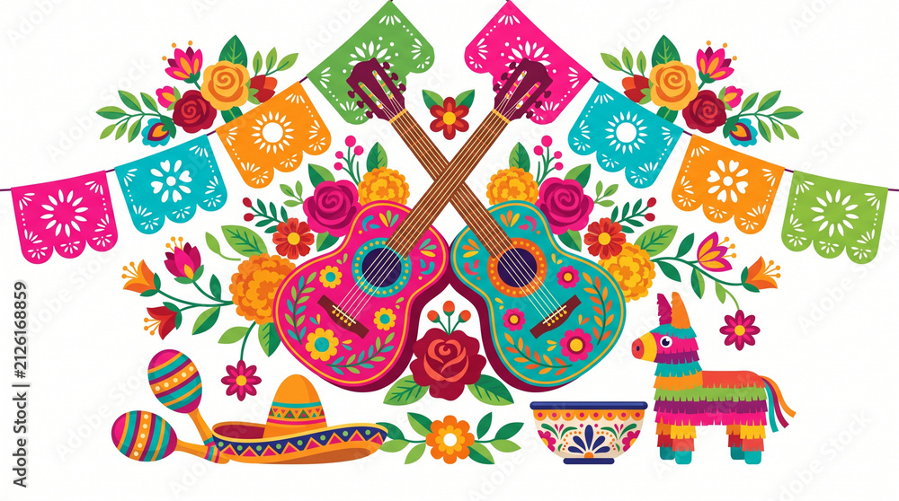 Naklejka premium Vibrant Hispanic Fiesta Celebration with Guitars Papel Picado and Traditional Elements