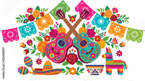 Vibrant Hispanic Fiesta Celebration with Guitars Papel Picado and Traditional Elements