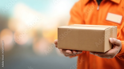 Delivery person holding cardboard box for transportation concept
