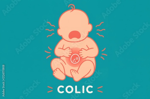 Infantile colic medical infographic showing crying baby with abdominal gas pain and stomach bloating