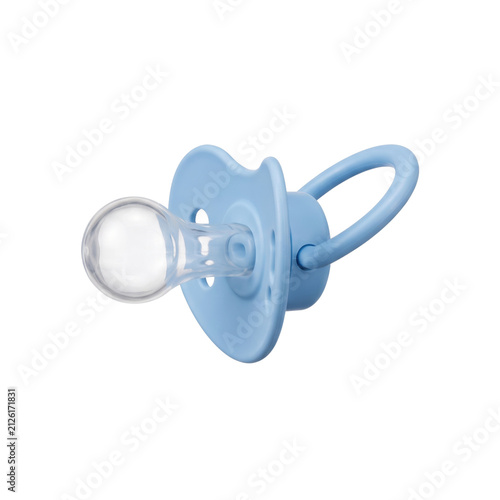Obraz na plátně Blue baby pacifier with clear nipple and loop handle on white background