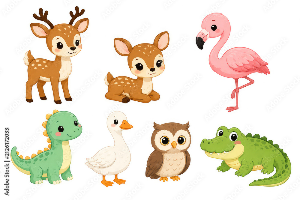 Naklejka premium Cute Cartoon Animal Collection with Deer, Flamingo, Dinosaur, Goose, Owl and Crocodile