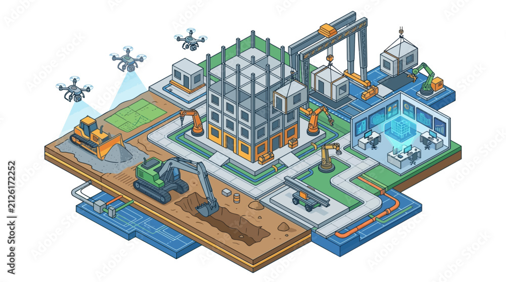 Fototapeta premium Construction site features robotic cranes and drones monitoring the structural development process.